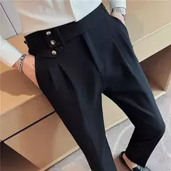 Calça de cintura alta estilo britânico masculina, justa, calça formal de escritório, social, festa de casamento, fato de vestido, calça, casual