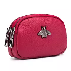 Imagem do Mulheres couro de vaca com zíper duplo Carteiras Bolsa, Bee Cartão Hole Bag, Batom Case, Couro Mini fone de ouvido Coin Purse, feminino