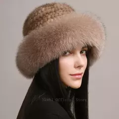 Imagem do Chapéu de pele de vison genuíno para mulheres gorro de malha natural de luxo chapéu de malha artesanal pele de raposa real moda inverno quente, novo