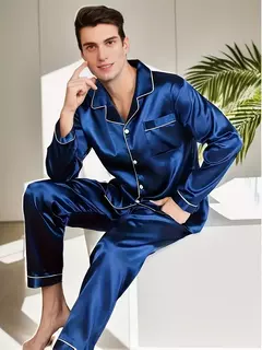 Conjunto de pijama cetim de seda masculino pijama de manga comprida pijama masculino, roupa noturna em casa, espreguiçadeira tamanho grande, camisa de inverno - loja online