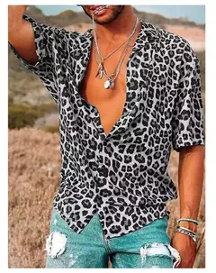 Camisa estampada de leopardo masculina, botão havaiano de manga curta diária, roupa casual confortável, novo, 2024 - comprar online