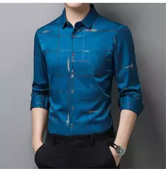 Imagem do MaleArgyle-Camisas masculinas de vestido, alta qualidade, manga comprida, slim, camisa casual, gola virada para baixo, listras, single-breasted, novo