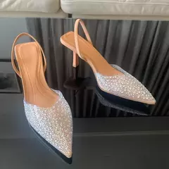 Salto alto de dedo apontado para mulheres, decoração pérola, slingback, sandálias, sapatos elegantes, moda verão, 2024