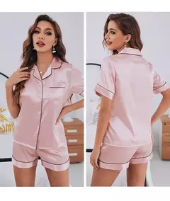 Imagem do Conjunto de pijamas de cetim de seda feminino, conjunto de pijamas de duas peças, manga curta, loungewear button-down