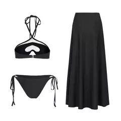 Conjunto de biquíni de três peças, sutiã acolchoado, borla, saia de praia de cintura alta, maiô de verão, moda sexy, monocromático - Wolf Magazine