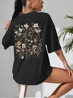 Lindos clusters de flores femininos estampa camisetas de algodão, tops casuais respiráveis macios de manga curta, roupas de rua soltas e confortáveis