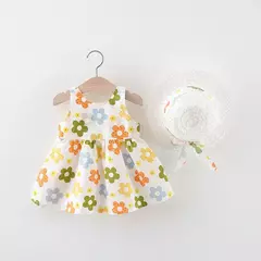 Bebê recém-nascido Cotton Beach Suspender Dress e Sun Hat Princess Dress, Toddler Girl Clothes, Verão, 2 pcs na internet