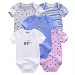 Kiddiezoom-bodysuits de manga curta para recém-nascidos, 100% algodão, macios, elegantes para bebê, 4 estações, 5 pçs/lote - loja online