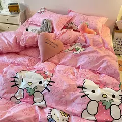 Olá Kitty Queen Size Conjunto de cama, colcha, folha plana e fronhas, Pink Princess Dorm Suit, desenhos animados bonitos, 4 pcs por conjunto - loja online