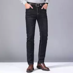 Calça jeans solta reta com elásticos, justa, elástica, calça casual, jeans, azul, preta, streetwear comercial para homens - loja online