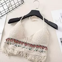 Camisola feminina Boho Crochet Knit Crop Top, Camisola de praia, Camisola de férias, Sutiã de crochê, Colete sem costas, Camisola de alças oca, Sexy na internet