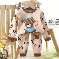 Imagem do Conjuntos de pijamas de algodão infantil camiseta manga comprida, tops e calças, pijamas casuais, urso fofo dos desenhos animados, roupas de bebê, outono