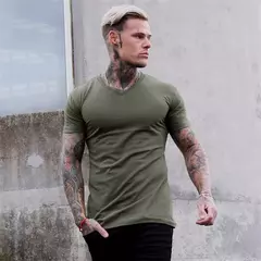 Imagem do Camiseta de manga curta para musculação masculina, camiseta esportiva, roupa de algodão, gola V, respirável, ginástica, fitness, treino, verão