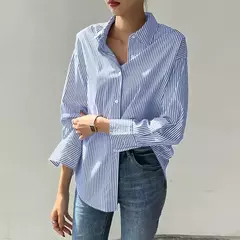 Blusa virada para baixo de manga comprida feminina, tops casuais, listras azuis, moda feminina, primavera, verão - comprar online