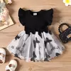 Vestido de Manga Voadora para Bebé Menina, Gola Redonda, Malha Costurada, Moda Casual, Verão, Novo, 0-3 Anos de Idade