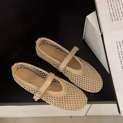 Imagem do Sapatos de rede de dedo do pé redondo para mulheres, sapatilhas casuais e confortáveis, sapatos Mary Jane recortados, fivelas retas, verão