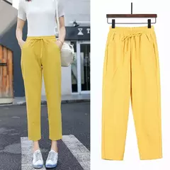 Calça feminina harém de linho algodão, elástico sólido na cintura, cores doces, calça casual feminina, primavera, verão