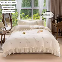 Elegante Rosa Bordado Bedding Set, Lace Duvet Cover Set, 1 Capa de Edredão, 2 Fronha, sem Núcleo, Quarto, Guest, 3Pcs - comprar online