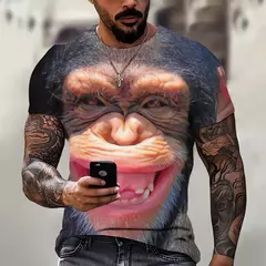 Camiseta masculina de manga curta com estampa de macaco 3D, gola redonda, blusa solta extragrande, roupa divertida, moda verão, nova - loja online