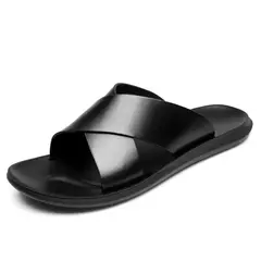 Imagem do Sandálias para homens chinelos de couro genuíno marca de luxo moda masculina apartamentos casuais antiderrapantes praia sandalia zapatos hombre 2024