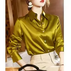 Elegante cetim camisa de manga comprida feminina, blusas de escritório, roupas femininas finas, moda casual, tendência, verão, 2024 na internet