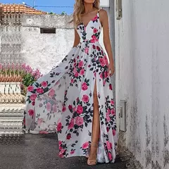 Verão impresso cintura vestido feminino 2024 comércio exterior roupas femininas com decote em v baixo peito festa grande saia vestido de balanço