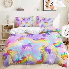 Conjunto de cama de unicórnio arco-íris, king size, queen, unicórnios arco-íris, conjunto de capa de edredom com fronha, roupa de cama de poliéster para crianças e meninas - loja online