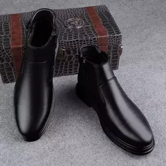 Botas de couro genuíno masculinas, botas de neve básicas masculinas, pele de pelúcia quente, calçado de plataforma antiderrapante, vestido formal, inverno na internet