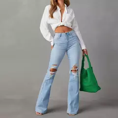 Calça jeans flare feminina, jeans de streetwear, ajuste solto, cintura alta, bolsos, buracos, comprimento do tornozelo, monocromático, mosca com zíper, primavera, 2021