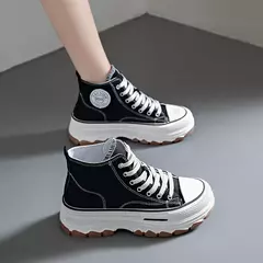 Tênis casual de cano alto para mulheres, com cordões, lona de altura da plataforma, antiderrapante, resistente ao desgaste, sapatos femininos vulcanizados, primavera, 2024