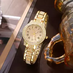 Imagem do Relógio de quartzo de strass de luxo feminino, hiphop moda, conjunto de jóias de pulso analógico, presente para a mãe, 6 peças