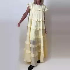 Vestido feminino plissado com babados de férias, vestido solto feminino casual com decote em O, manga curta, robe de cintura alta, nova moda verão - loja online