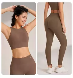 Imagem do Conjunto de roupas de yoga feminino cintura alta leggings e topo duas peças sem costura roupas de exercício de fitness roupa interior de treino de fitness