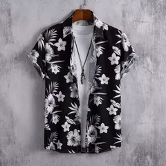 Camisa havaiana estampada geométrica masculina, blusa de praia de peito único, tops de manga curta, roupa de feriado masculina, moda flor, 2023 - comprar online