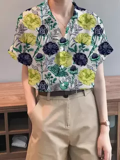 Camisa feminina colorida em 3D com estampa floral, tops de manga curta, botão, gola elegante, primavera e outono, 2024