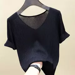 Blusa feminina de malha com decote v, camisa manga curta, tops verão 2022