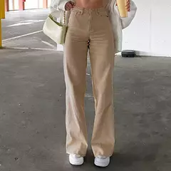 Jeans feminino de cintura alta e larga lavado com bolsos, calça casual e elegante, perna reta, monocromática, outono - Wolf Magazine