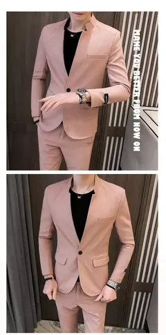 New (Blazer+ Pants) Men's Fashion Business Korean Version of Gentleman Zhongshan Stand Collar Casual British Style 2-piece Set