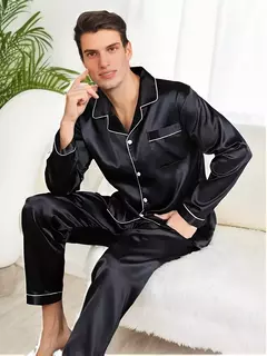 Conjuntos de pijama de seda manga comprida masculino, pijama de seda masculino, pijama de seda para casa, loungewear plus size, roupa de dormir, novo - loja online