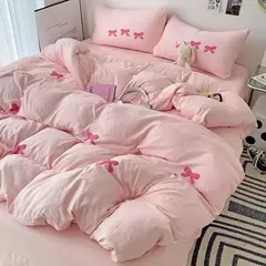 Cute Pink Bows Embroidery Duvet Cover Set, Conjuntos de cama 3D Confortável Rainha Consolador, capas macias para meninas, crianças, adolescentes - Wolf Magazine