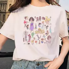 Imagem do Desenhos animados kawaii feminino com estampa princesa, blusa branca com gola O, manga curta solta, algodão, verão