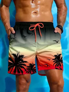 Homens com estampa palmeira com cordão cintura calções de bordo, moda sunga respirável streetwear curto, estampa 3D, férias de verão