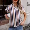 Camisa Feminina Camisa Estampada Listrada Vintage Women'S Plus-Size V-Neck Camisa de Manga Curta Elegante Férias Havaianas Casual Top