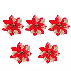 Artificial Glitter Flores para Árvore de Natal, Fake Xmas Ornamentos, Decorações de Ano Novo para Casa, 5 Pcs, 10Pcs