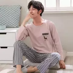 Pijama masculino de manga comprida de duas peças, pijama de seção fina, terno de lazer, tamanho grande, primavera e outono - Wolf Magazine