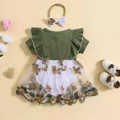 Vestido Romper das meninas do bebê recém-nascido, roupa do bebê, bordado da flor, costela da malha, babados macacões, roupas, roupa do verão - loja online