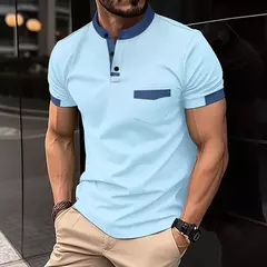 Camisa polo esportiva casual masculina, monocromática, com gola alta, tecido diagonal, camisa de Henry, verão, 2024 na internet