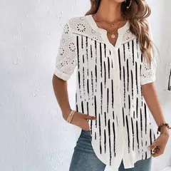 Temperamento casual rendas mulher camisa moda solta camisa mulher elegante manga curta blusa férias fim de semana