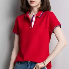 Camisa polo feminina de algodão solto, manga curta, blusa esportiva casual com lapela, camisa de negócios preto e branco, verão feminino na internet