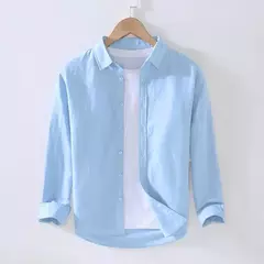 Camisa de linho de algodão respirável masculina, gola virada para baixo, manga comprida, monocromática, havaiana, casual, nova, outono na internet